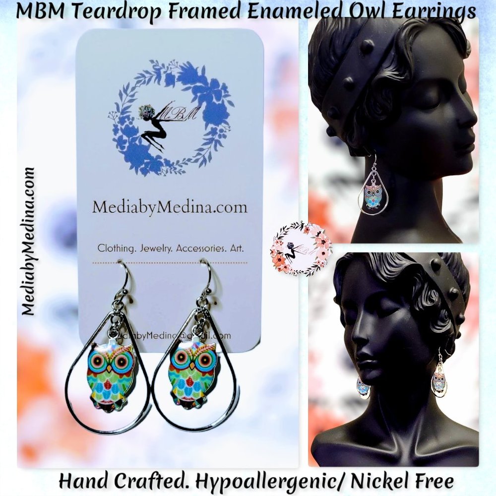 🆕MBM Tear Drop Framed Enamel Owl Earrings, Stainless Steel